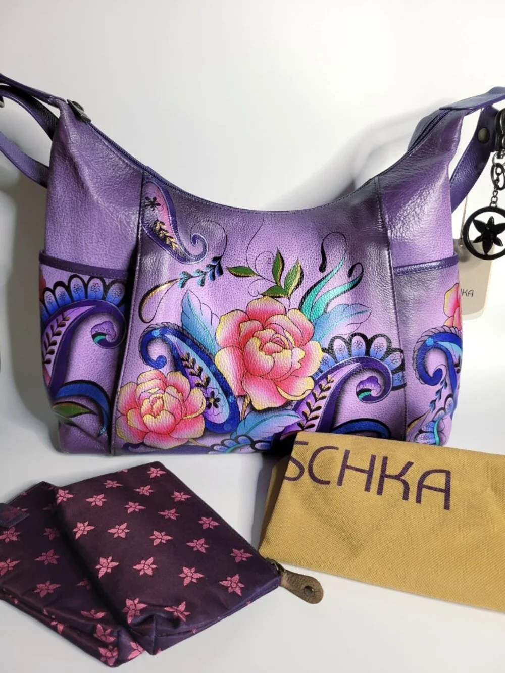 ANUSCHKA Painted Genuine Leather Purple Peonies Paisley Hobo Shoulder Bag EUC